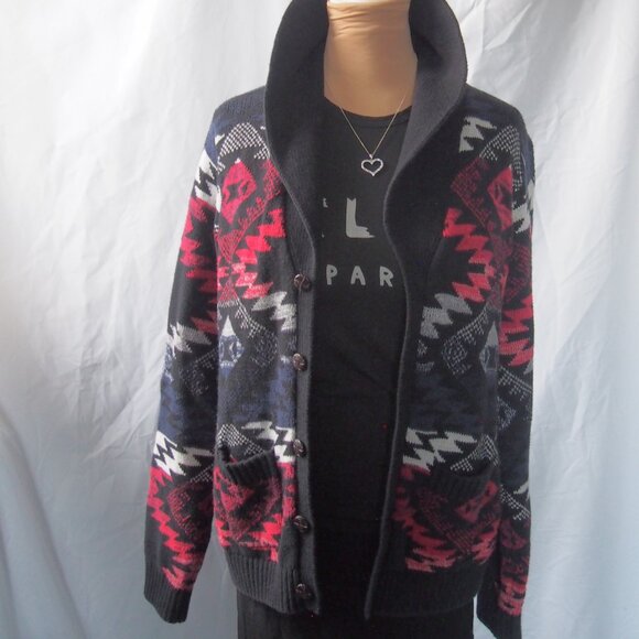 Adam Levine Chunky Knit Cowl Neck Cardigan /Red Blue Aztec Print Size L - Picture 3 of 15